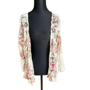 Vintage Floral Lace Cream Pink Red Cardigan Open Front Sweater S/M Cottagecore